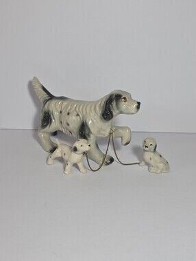 Vintage Ries Ceramic Dog Hunter Figurine Set Mother Setter Pointer Style 3pc
